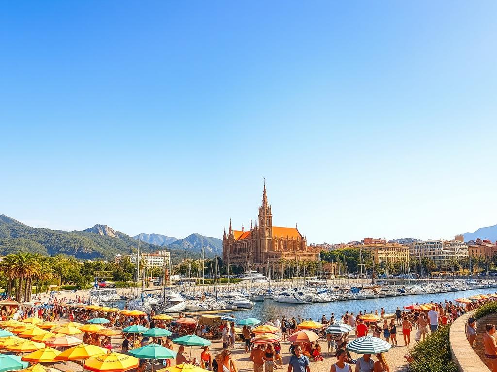 Palma de Mallorca, a sun-drenched island metropolis, comes alive in this summer scene. In the foreground, a lively promenade bustles with beachgoers enjoying the warm Mediterranean breeze, their vibrant umbrellas and sun-kissed skin creating a vibrant tapestry. The middle ground features the iconic Palma Cathedral, its Gothic spires reaching skyward, reflected in the calm waters of the marina. In the background, rolling hills and lush pine forests frame the city, with the distant horizon dotted by sailboats gliding across the azure sea. Warm, golden lighting bathes the scene, evoking the essence of a perfect Mallorcan summer vacation.