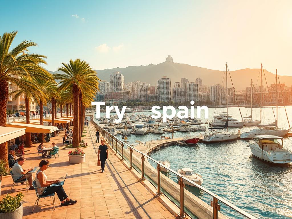 Prompt A sun-drenched coastal city, with a bustling promenade lined with palm trees and vibrant cafes. The foreground features digital nomads working remotely on their laptops, enjoying the fresh sea breeze. In the middle ground, a picturesque harbor with yachts and sailboats, while the background showcases a stunning skyline of modern, white-washed buildings. The scene is bathed in warm, golden light, creating a serene and inviting atmosphere. The words "Try Spain" are prominently displayed, capturing the essence of this idyllic location for digital nomads seeking to balance work and leisure.