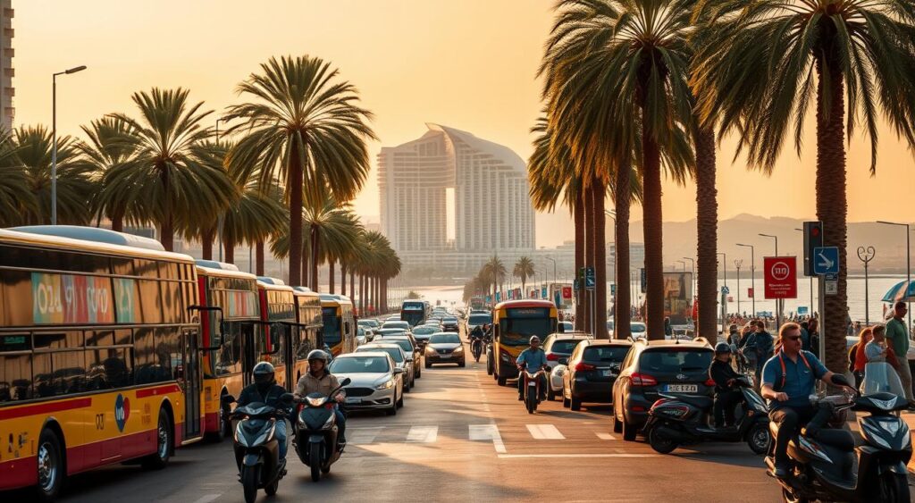A bustling Benidorm street scene, captured in golden hour light. In the foreground, a fleet of colorful local buses and taxis ferry passengers along the palm-lined promenade. Middle ground features a variety of transportation options - mopeds, bicycles, and electric scooters weaving through the lively traffic. In the background, the iconic high-rise hotels and resorts of Benidorm's skyline rise up, framed by a warm, hazy Mediterranean sky. The atmosphere is one of vibrant energy and effortless mobility, reflecting the diverse transportation choices available to Benidorm visitors.