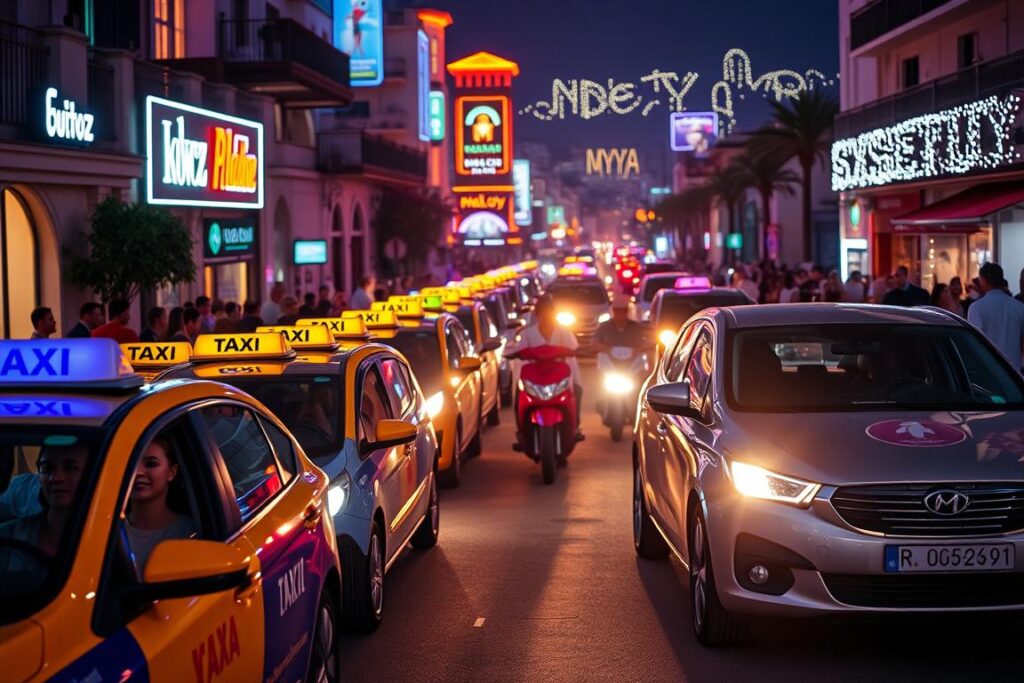 A bustling Málaga nightlife scene illuminated by neon lights, with a vibrant mix of taxis, rideshare vehicles, and electric scooters ferrying revelers to and from the city's top clubs. The foreground features a colorful line of taxis waiting to pick up a group of well-dressed partygoers, their faces aglow with excitement. In the middle ground, a sleek rideshare car pulls up to the curb, its headlights casting a warm glow on the lively street. The background is filled with the silhouettes of people walking, the facades of trendy nightclubs, and the twinkling lights of the Málaga skyline. The overall mood is one of energy, movement, and the promise of a thrilling night out in this vibrant coastal city.