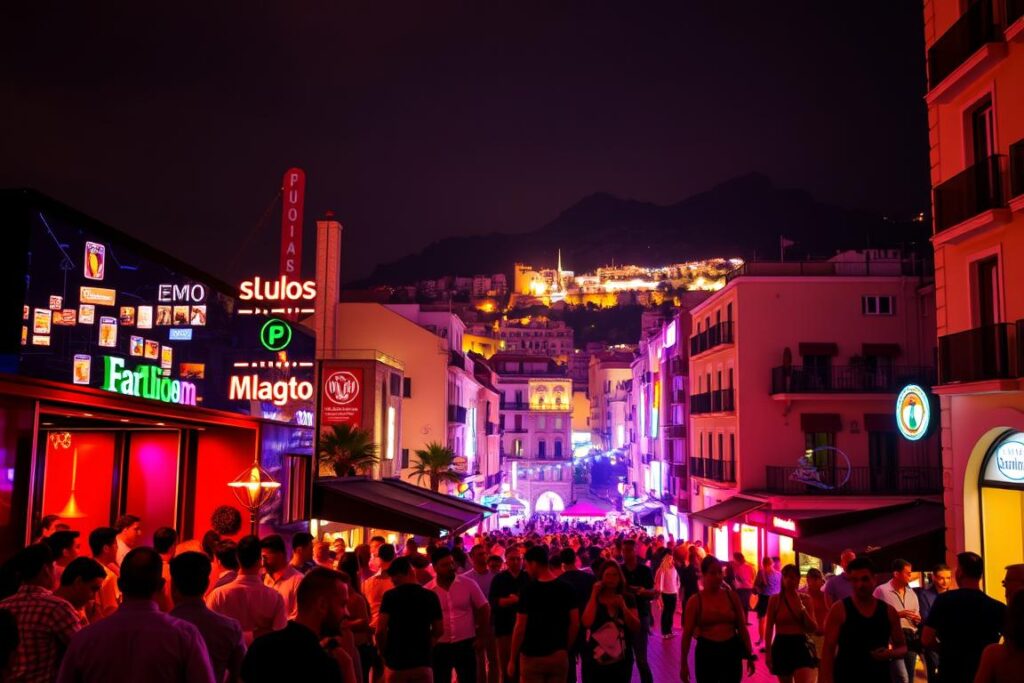 A bustling Málaga nightscape, awash in vibrant neon hues and pulsing with the energy of revelers. In the foreground, the facade of a lively nightclub, its entrance framed by sleek, modern architecture and a crowd of well-dressed patrons spilling onto the sidewalk. The middle ground features a winding street lined with trendy bars and clubs, their facades adorned with colorful signage and lighting. In the background, the silhouettes of historic buildings and hills rise up, creating a striking contrast between the old and the new. The scene is illuminated by a warm, golden glow, casting a sultry, inviting atmosphere over the entire district. Captured with a wide-angle lens, the image conveys the dynamic, cosmopolitan spirit of Málaga's thriving nightlife.