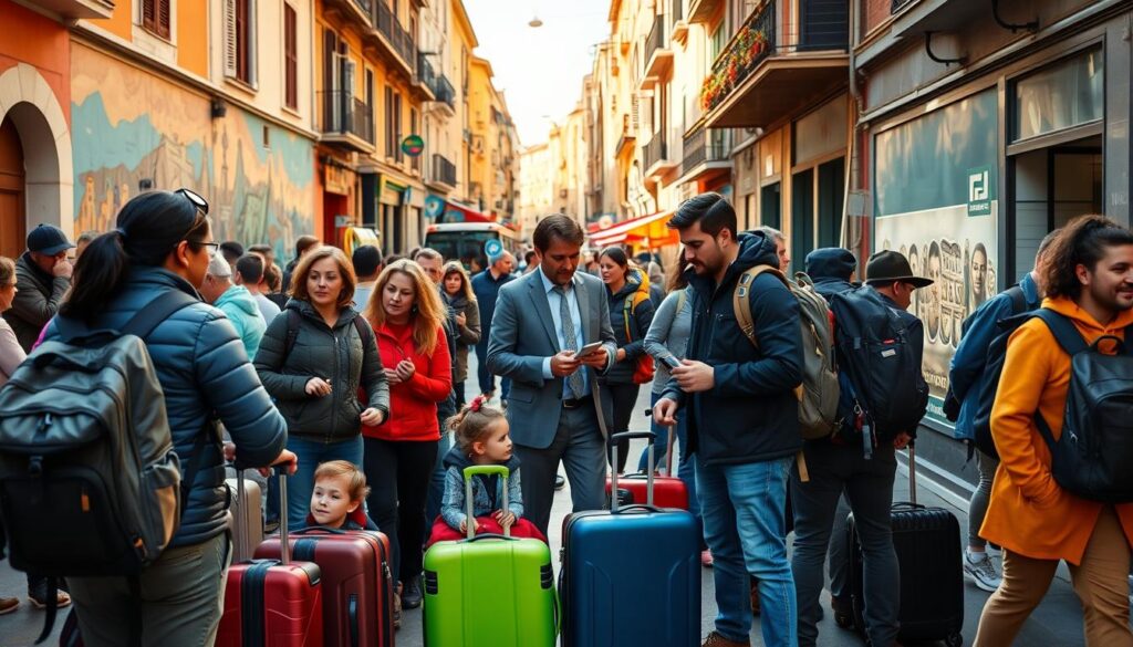 A bustling Spanish city street, with a diverse group of travelers gathered at a BlaBlaCar ridesharing hub. In the foreground, a stylish backpacker chats with a family of four, their luggage neatly stacked. In the middle ground, a well-dressed business traveler checks their phone, while a group of adventurous hikers compare routes. The background is filled with vibrant murals, street vendors, and the warm glow of the afternoon sun, creating a lively, multicultural atmosphere. The scene is captured with a wide-angle lens, emphasizing the dynamic interaction and collaborative spirit of BlaBlaCar users from all walks of life.