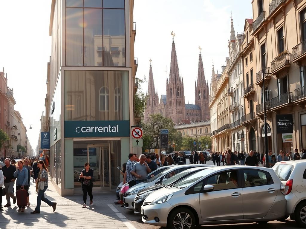 A bustling city centre scene with a prominent car rental storefront, its sleek signage and modern glass facade reflecting the surrounding architecture. In the foreground, a row of neatly parked compact cars awaits eager customers. The middle ground features a lively pedestrian thoroughfare, people strolling by with shopping bags and suitcases, hailing taxis and rideshare vehicles. In the background, the iconic spires and facades of historic Barcelona landmarks rise up, bathed in warm Mediterranean sunlight filtered through wispy clouds. The overall atmosphere conveys the convenience and accessibility of car hire services within the vibrant heart of the city.