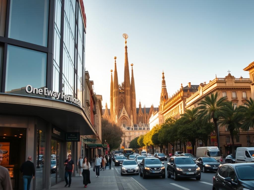 A bustling city street in Barcelona, Spain, with a prominent one-way car rental office in the foreground. The building has a modern, sleek design with large windows and a prominent sign. In the middle ground, pedestrians and local traffic flow through the streets, creating a lively urban atmosphere. In the background, iconic Catalan architecture and landmarks such as the Sagrada Familia can be seen, bathed in warm, golden late-afternoon sunlight. The scene conveys the convenience and accessibility of one-way car rentals for visitors exploring the city.