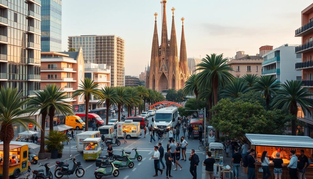 A bustling cityscape of Barcelona in 2025, showcasing its thriving digital nomad hub. In the foreground, modern high-rise buildings and coworking spaces with sleek architectural designs, surrounded by palm trees and vibrant greenery. The middle ground features pedestrian-friendly plazas and bustling streets filled with electric scooters, food trucks, and young professionals engaged in animated conversations. In the background, the iconic Sagrada Familia cathedral stands tall, its intricate façade illuminated by warm, golden lighting. The overall scene conveys a dynamic, cosmopolitan atmosphere with a Mediterranean flair, capturing Barcelona's evolution into a hub for innovative tech companies and remote workers.