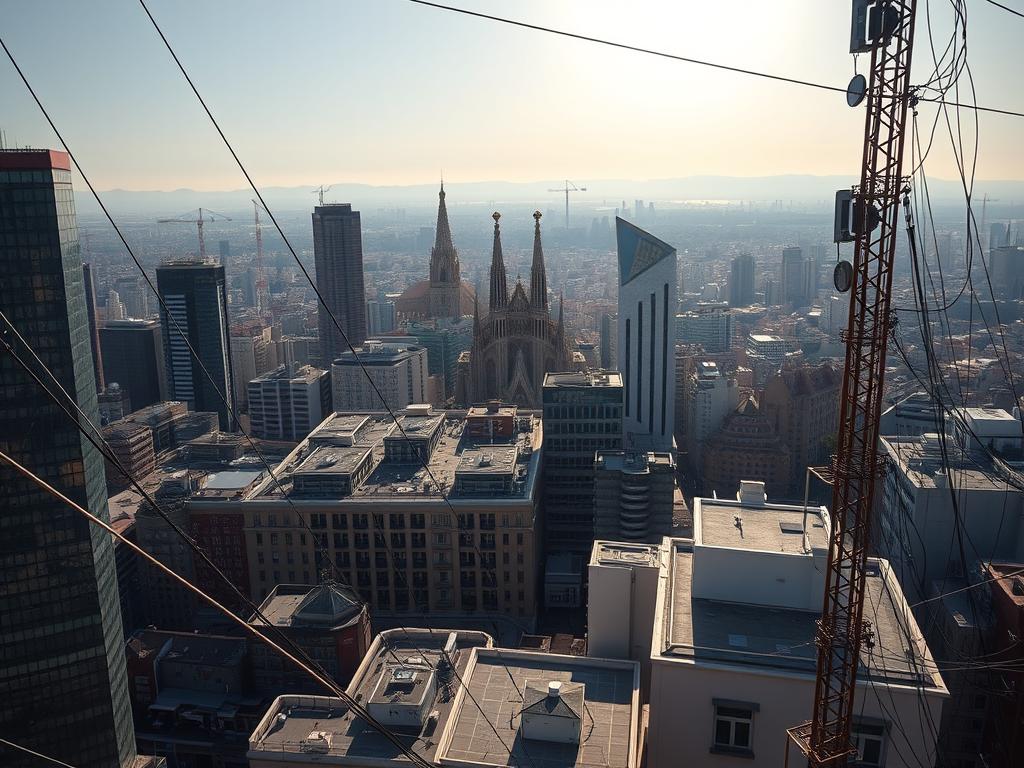 A bustling cityscape of Barcelona, with a focus on the intricate web of Wi-Fi infrastructure. In the foreground, a tangle of cables and antennas atop towering skyscrapers, casting long shadows across the urban landscape. The middle ground reveals sleek, modern rooftops and interconnected nodes, symbolizing the seamless connectivity that powers the city's digital landscape. In the background, the iconic Sagrada Familia and other architectural landmarks fade into a hazy, sun-dappled horizon, creating a harmonious blend of the digital and the physical. Captured with a wide-angle lens, the scene conveys a sense of scale and the sheer complexity of Barcelona's comprehensive Wi-Fi network, enabling the efficient connectivity that supports its thriving digital nomad community.