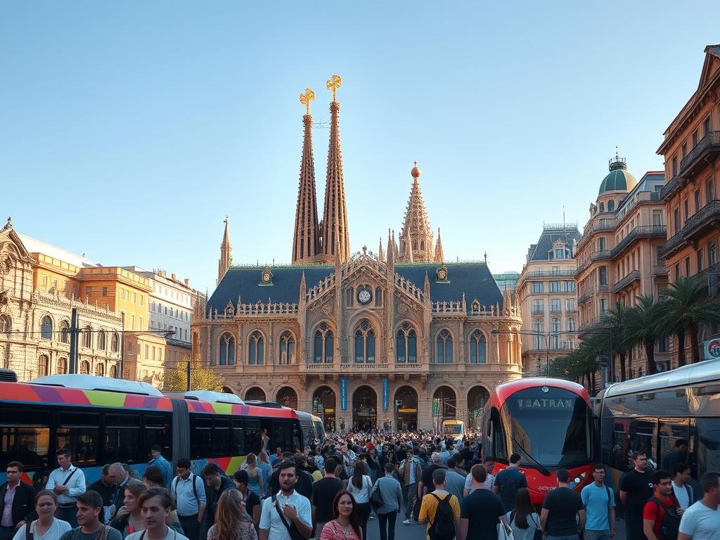 A bustling cityscape of Barcelona's iconic transportation hubs, captured in a vibrant, documentary-style aesthetic. In the foreground, a crowd of pedestrians navigates the busy streets, weaving between colorful local buses and sleek modern trams. The middle ground features the ornate architecture of the city's central train station, its grand facade bathed in warm, golden afternoon light. In the background, the distinctive silhouettes of Gaudi's masterpieces, the Sagrada Familia and Casa Batlló, rise majestically against a cloudless azure sky. The scene conveys the lively energy and efficient connectivity that make Barcelona's transit system an integral part of the urban experience.