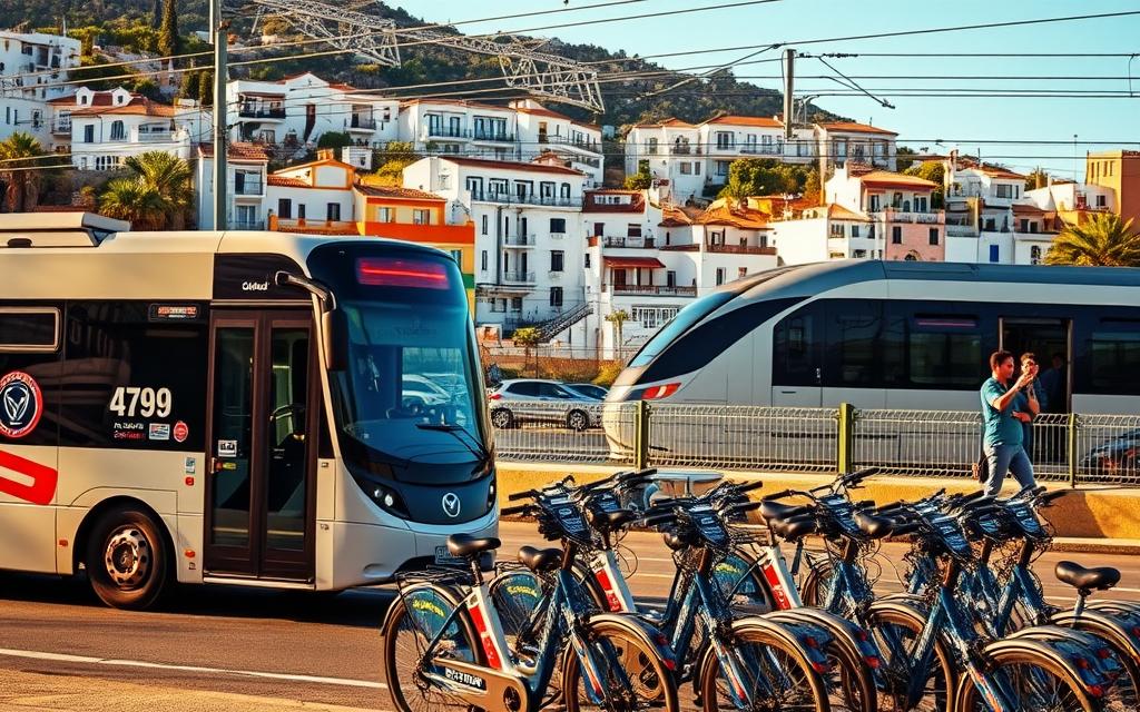A bustling coastal town in southern Spain, Los Boliches is accessible by a variety of transportation options. In the foreground, a modern electric bus navigates the streets, ferrying locals and tourists alike. In the middle ground, a fleet of rental bicycles sits ready for exploration, with the iconic Mediterranean architecture of Los Boliches serving as a picturesque backdrop. Overhead, a sleek high-speed train glides along the rails, connecting the town to nearby cities. The scene is bathed in warm, golden sunlight, capturing the vibrant and sustainable nature of the town's transportation infrastructure.
