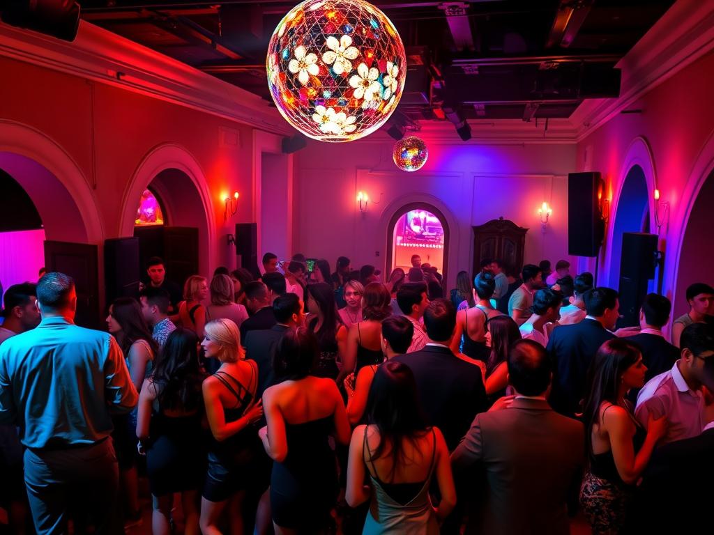 A bustling nightclub in Cádiz's vibrant old town, bathed in a warm, neon-tinged glow. In the foreground, stylishly dressed partygoers mingle, their outfits ranging from sleek cocktail dresses to sharp, tailored suits. The middle ground reveals a lively dance floor, bodies swaying to the pulsing beats of Spanish electronic music. In the background, arched doorways and whitewashed walls hint at the city's Moorish heritage, creating an atmospheric contrast. Overhead, a low-hanging disco ball casts a shimmering, kaleidoscopic light across the scene, capturing the energy and allure of Cádiz's renowned nightlife.