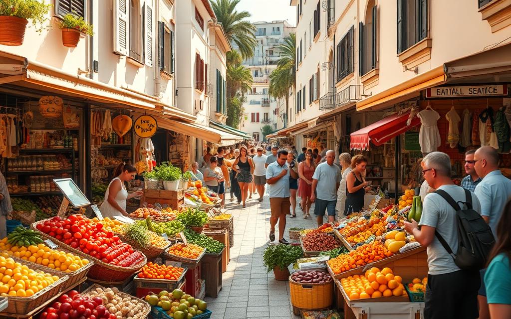 A bustling open-air market in the heart of Los Boliches, Málaga, with an array of colorful produce, artisanal wares, and lively vendors. In the foreground, vibrant stalls brimming with fresh fruits, vegetables, and fragrant spices; in the middle ground, locals and tourists browsing the wares, haggling with enthusiastic merchants; and in the background, the sun-dappled streets of the historic district, framed by charming whitewashed buildings. The scene is bathed in warm, golden light, capturing the lively atmosphere and inviting energy of this beloved community hub. Captured with a wide-angle lens to showcase the market's scope and vibrancy, this image perfectly encapsulates the vibrant, welcoming spirit of Los Boliches.