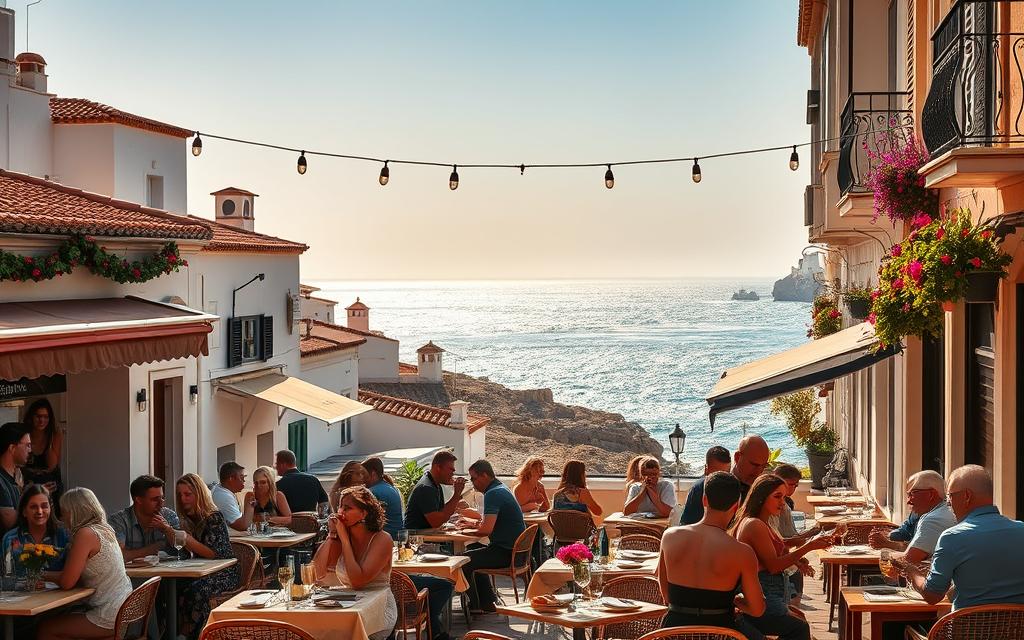 A bustling outdoor dining scene in the seaside town of Los Boliches, Málaga. In the foreground, charming Mediterranean-style restaurants with al fresco seating, adorned with string lights and vibrant floral arrangements. Patrons enjoy tapas, seafood dishes, and local wines under the warm glow of the sunset. The middle ground features the quaint, whitewashed buildings of Los Boliches, their terracotta rooftops and wrought-iron balconies framing the scene. In the distance, the shimmering blue waters of the Mediterranean Sea create a serene backdrop, complemented by a soft, golden light cast across the entire tableau. The overall atmosphere exudes a lively, yet relaxed, seaside ambiance, capturing the essence of the local culinary delights and the idyllic charm of Los Boliches.