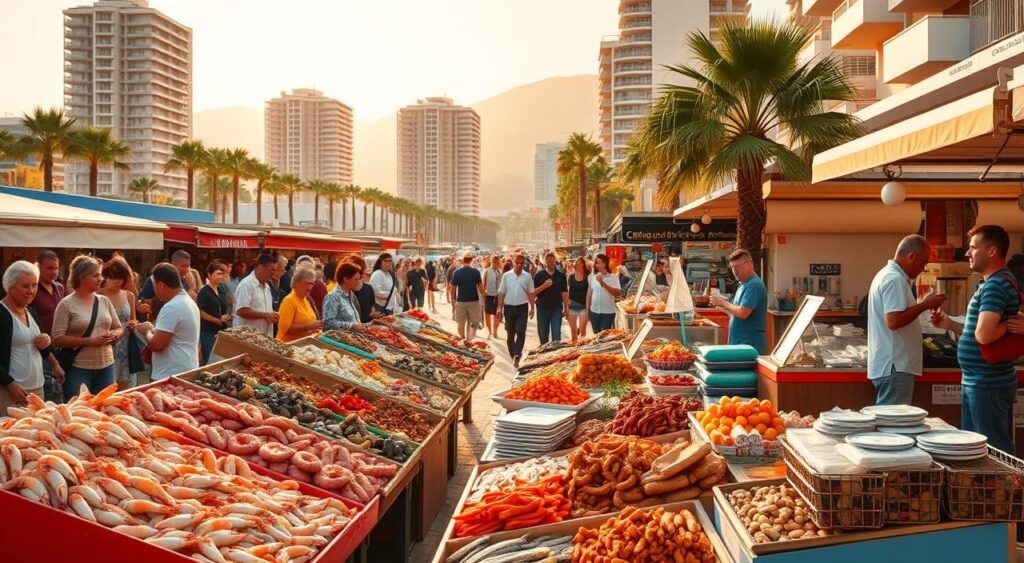 A bustling outdoor market in Benidorm, Spain, showcasing an array of local delicacies. In the foreground, vibrant stalls display an assortment of fresh seafood, including glistening prawns, succulent octopus, and shimmering sardines. Vendors offer platters of traditional Spanish tapas, such as croquetas, patatas bravas, and pimientos de Padrón, while the aroma of sizzling paella wafts through the air. In the middle ground, patrons peruse the stalls, sampling the local flavors and chatting with the friendly merchants. The background is filled with the iconic high-rise hotels and palm-lined promenades that define the Benidorm skyline, bathed in warm, golden sunlight. This vibrant scene captures the essence of Benidorm's culinary delights, inviting the viewer to embark on a gastronomic journey through this beloved Spanish destination.