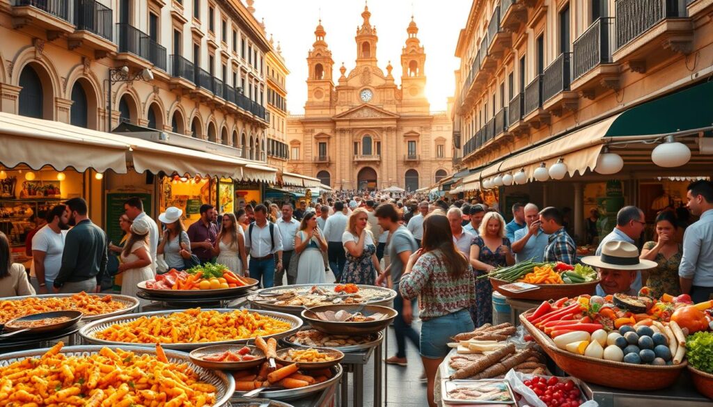 A bustling street scene at the Feria de Sevilla, the renowned annual festival in southern Spain. In the foreground, a vibrant display of traditional tapas and regional specialties - sizzling paella, fresh seafood, cured meats, and an array of colorful local produce. The middle ground features lively crowds in traditional Andalusian attire, strolling between the lively food stalls and lively music performances. In the background, the historic architecture of Seville provides a stunning backdrop, with warm, golden sunlight casting a festive glow over the entire scene. The overall atmosphere is one of joyous celebration, cultural heritage, and culinary delight.