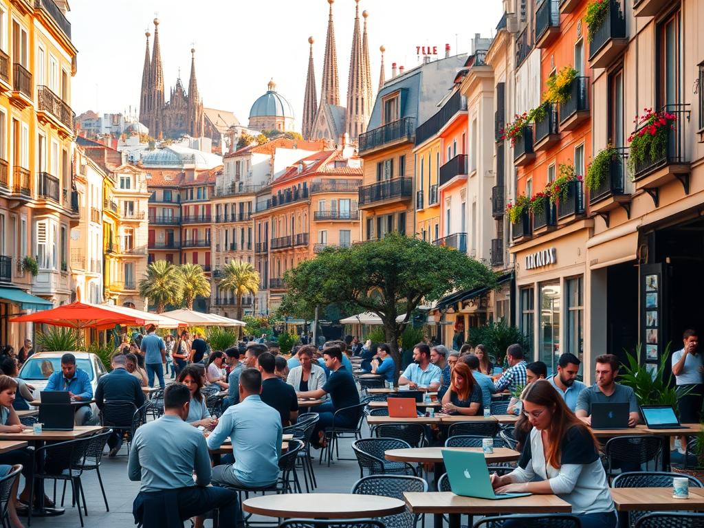 A bustling urban landscape in Barcelona, Spain, where digital nomads thrive. In the foreground, cozy cafes with outdoor seating and co-working spaces abound, their patrons tapping away on laptops amidst the hum of conversation. The middle ground features charming Mediterranean-style buildings with colorful facades, their balconies adorned with potted plants. In the background, the iconic Sagrada Familia cathedral and other architectural gems of the city's skyline rise, bathed in warm, golden sunlight. The scene exudes a vibrant, creative atmosphere, where the digital and the traditional seamlessly intertwine, making it an ideal haven for the modern, location-independent professional.