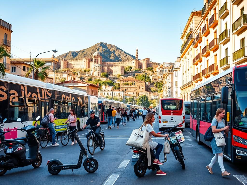 A bustling urban scene in Málaga, Spain, showcasing economical transportation options. In the foreground, a mix of electric scooters, bicycles, and public buses navigate the vibrant streets. The middle ground features pedestrians strolling along the sidewalks, some carrying reusable shopping bags. In the background, the iconic Alcazaba fortress and Gibralfaro mountain loom, bathed in warm Mediterranean sunlight. The overall atmosphere conveys a sense of efficiency, sustainability, and accessibility, complementing the budget-friendly theme of the article. The image is captured with a wide-angle lens, emphasizing the city's compact, walkable layout.