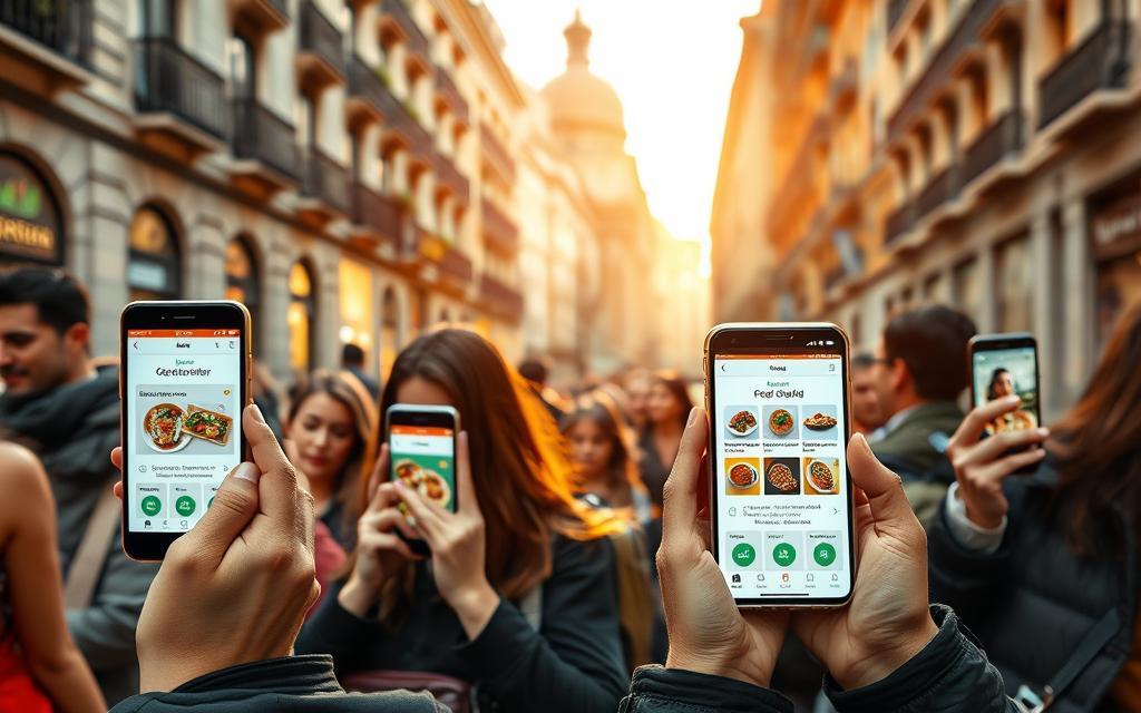 A busy cityscape in Madrid, Spain, with food delivery apps prominently displayed on the screens of smartphones held by people on the move. A sleek, modern aesthetic with clean lines and vibrant colors captures the efficient and on-demand nature of these services. The foreground features a group of diverse individuals, each engrossed in their mobile devices, while the middle ground showcases the iconic architecture and bustling street life that defines the city. In the background, a warm, golden light filters through, creating a welcoming and inviting atmosphere that complements the culinary delights available at one's fingertips.