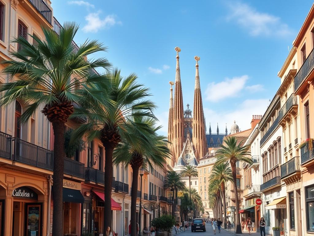 A charming cityscape of affordable hotels in Barcelona's vibrant downtown, bathed in warm Mediterranean light. In the foreground, a row of cozy, well-appointed hotels with colorful facades and inviting entryways. In the middle ground, bustling pedestrian streets lined with lush palm trees and quaint cafes. In the background, the iconic spires of Gaudi's masterpiece, the Sagrada Familia, rise majestically against a cloudless azure sky. The scene exudes a sense of relaxed elegance and budget-friendly sophistication, capturing the essence of Barcelona's captivating allure in 2025.