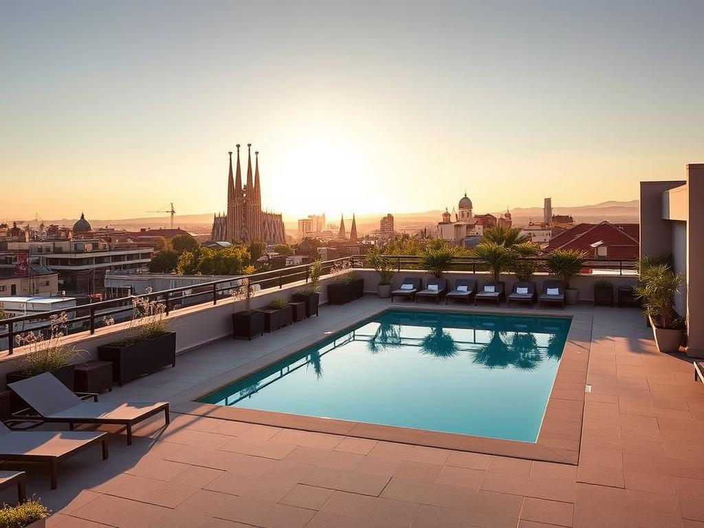 A charming mid-range Barcelona hotel with a rooftop pool, set against the iconic skyline. A modern, minimalist facade greets guests, leading to a serene poolside oasis with sleek loungers and lush greenery. Warm Mediterranean sunlight filters through, casting a golden glow across the scene. In the distance, the majestic Sagrada Familia cathedral and other architectural gems dot the horizon, creating a picturesque backdrop. The hotel exudes an inviting, laidback atmosphere, perfect for an affordable yet stylish Barcelona getaway.