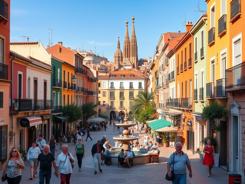 A charming street scene in an affordable Barcelona neighborhood, bathed in warm Mediterranean sunlight. Rows of colorful, low-rise buildings line the cobblestone streets, their facades adorned with potted plants and wrought-iron balconies. In the foreground, local residents stroll casually, stopping to chat with neighbors or browse the small, family-owned shops and cafes. The middle ground reveals a quaint plaza, its central fountain surrounded by people relaxing on benches or sipping coffee. In the background, the iconic spires of Gaudi's masterpieces peek out, hinting at the city's renowned architecture. An atmosphere of community, character, and easygoing local life pervades the scene.