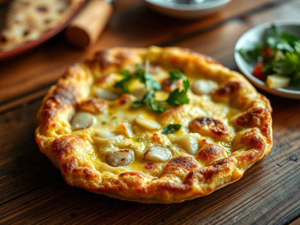 A close-up shot of a freshly prepared Spanish tortilla desayuno, or Spanish omelette breakfast, placed on a rustic wooden table. The tortilla features a golden-brown exterior with visible chunks of potatoes and onions throughout, glistening with a touch of olive oil. The dish is accompanied by a small side salad, garnished with sprigs of fresh parsley. Warm, soft lighting illuminates the scene, creating a cozy and inviting atmosphere. The composition emphasizes the hearty, homemade nature of this traditional Spanish breakfast staple.