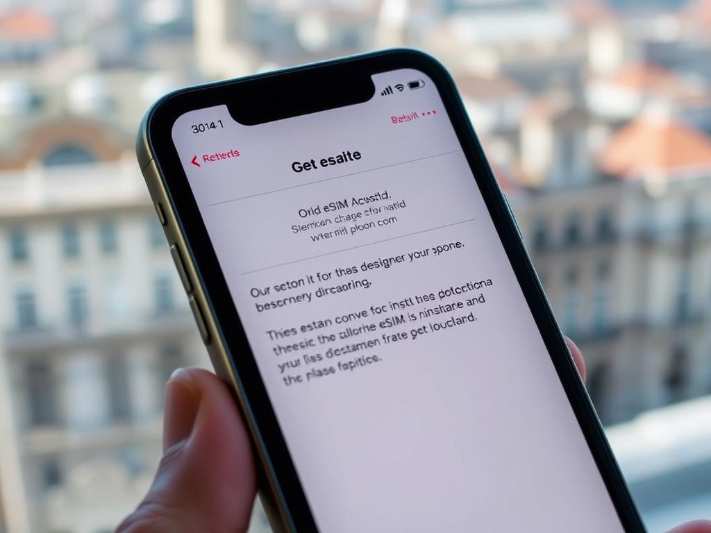 A close-up view of a smartphone display, showing the process of eSIM activation for use in Spain. The screen is bright and crisp, showcasing a sleek user interface with clear instructions and intuitive navigation. In the background, a blurred cityscape of Madrid's iconic architecture creates a sense of place, hinting at the traveler's destination. The lighting is soft and natural, accentuating the device's elegant design. The overall mood is one of simplicity and efficiency, capturing the seamless experience of setting up a Spain-ready eSIM on the go.