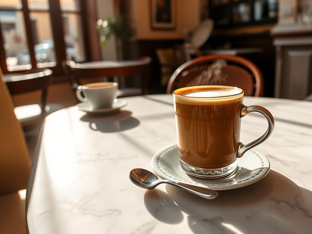 A cozy Spanish café on a sunny morning, a marble-topped table set with a steaming cup of café con leche. The rich, creamy espresso contrasts with the frothy, lightly sweetened milk, topped with a delicate layer of crema. Sunlight filters through the large windows, casting a warm glow on the scene. Elegant ceramic mugs and saucers, a small spoon resting beside the cup. The café's elegant, timeless ambiance is captured in this tranquil, inviting moment, perfectly suited to accompany a delightful Spanish breakfast.