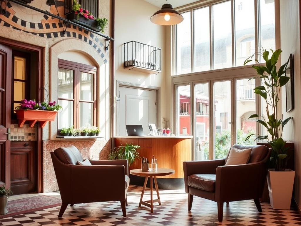 A cozy, affordable hotel nestled in the heart of Barcelona's charming historic district. The building's weathered facade is adorned with vibrant window boxes and a welcoming entrance. Inside, a bright and airy lobby with classic Catalan tiles and mid-century modern furnishings sets the tone for a comfortable stay. Soft, diffused natural light streams through large windows, casting a warm glow over the reception area. A pair of leather armchairs invite weary travelers to relax after a day of exploring the city's iconic landmarks and lively markets. The overall atmosphere evokes a sense of local character and budget-friendly hospitality.