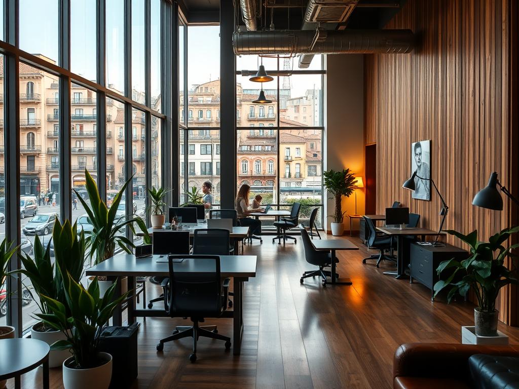 A cozy, budget-friendly coworking hotel in Barcelona, Spain. A modern, minimalist lobby with wooden accents and potted plants, bathed in warm, diffused lighting from floor-to-ceiling windows overlooking the city streets. In the middle ground, a communal workspace with sleek desks, ergonomic chairs, and high-speed WiFi, where digital nomads collaborate amid a relaxed, productive atmosphere. In the background, the iconic Catalan architecture and vibrant urban landscape of Barcelona's charming neighborhoods.