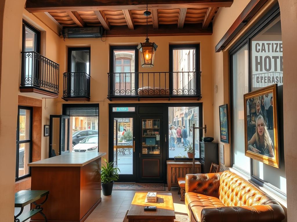 A cozy, budget-friendly hotel in the heart of Barcelona's historic Barri Gòtic district. The facade features a classic Mediterranean-style architecture with warm terracotta tiles and wrought-iron balconies. The lobby has a charming, rustic ambiance with exposed beams, plush leather furnishings, and a small reception desk. Through the large windows, you can see a bustling street lined with local shops and cafes. Soft, natural lighting filters in, creating a welcoming atmosphere. A sense of old-world character and modern comfort blends seamlessly, offering an authentic, affordable lodging experience for the savvy traveler.