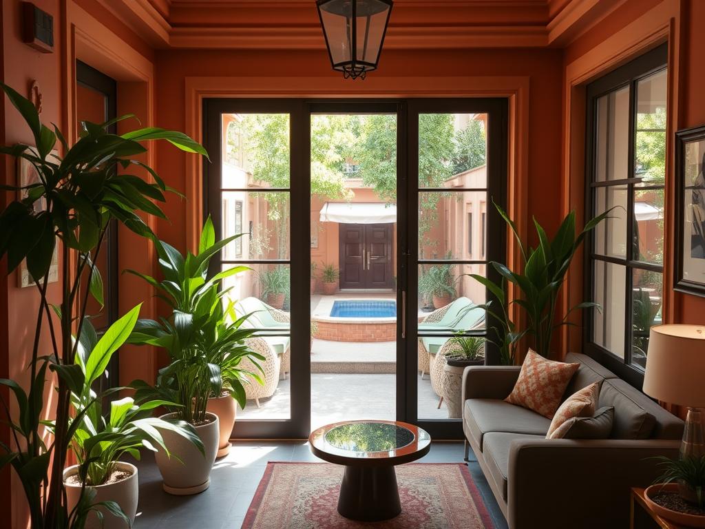 A cozy, family-friendly budget hotel in Barcelona's charming Eixample district. The facade features a warm, terracotta color palette and classic Mediterranean architectural details. The entrance is framed by lush, verdant potted plants, creating a welcoming atmosphere. The lobby showcases a tasteful, modern decor with comfortable seating areas and a friendly, attentive staff. Through the windows, we glimpse a sun-dappled courtyard with a small, sparkling pool, providing a tranquil oasis for guests. Soft, diffused natural lighting bathes the scene, evoking a relaxed, inviting ambiance perfect for a budget-conscious, family-oriented stay in the heart of Barcelona.