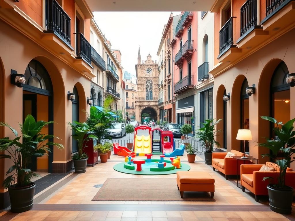 A cozy, family-friendly hotel in Barcelona's lively city center. The facade features a warm, Mediterranean-inspired design with terracotta tiles and wrought-iron balconies. A grand entrance leads to a welcoming lobby with plush seating and a vibrant, cheerful color palette. In the middle ground, a well-equipped play area caters to children, surrounded by lush potted plants. The background showcases the iconic Gothic architecture of the surrounding neighborhood, with glimpses of historic buildings and bustling city life. The lighting is soft and inviting, creating a relaxed, comfortable atmosphere ideal for a family vacation.