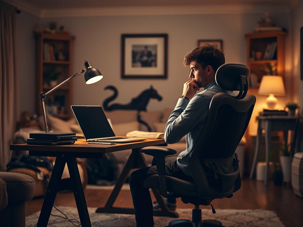 A cozy home office setup with a laptop, desk, and ergonomic chair, set against a backdrop of a cluttered living room. Subtle tension in the composition suggests the challenges of maintaining focus and work-life balance. Warm, diffused lighting creates a sense of coziness, while the remote worker appears slightly distracted, conveying the difficulties of staying productive in a domestic environment. The scene evokes the isolation and distractions that can come with working from home, with thoughtful details that capture the nuances of the remote work experience.