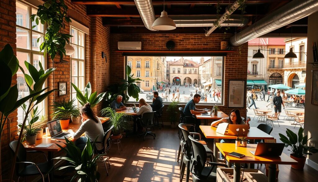 A cozy, sun-drenched coworking space in a charming Spanish town, with digital nomads collaborating at sleek desks amid lush indoor plants and exposed brick walls. Warm natural light filters through large windows, casting a soft glow over the scene. In the background, a bustling town square comes into view, with people strolling by historic architecture and lively cafes. The overall atmosphere radiates creativity, productivity, and a vibrant, cosmopolitan vibe – the perfect setting for a thriving digital nomad community.