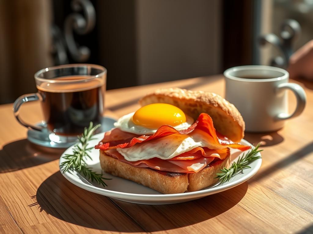A delectable pitufo breakfast sandwich sits on a wooden table, the crusty bread brimming with a golden fried egg, crisp bacon, and a luscious slice of Ibérico ham. Sunlight filters through the window, casting a warm glow on the scene. The plate is flanked by a steaming cup of rich Spanish coffee and a sprig of fresh rosemary, adding a touch of rustic elegance. The composition captures the mouthwatering essence of Málaga's beloved morning treat, inviting the viewer to savor the flavors of this quintessential Spanish breakfast.
