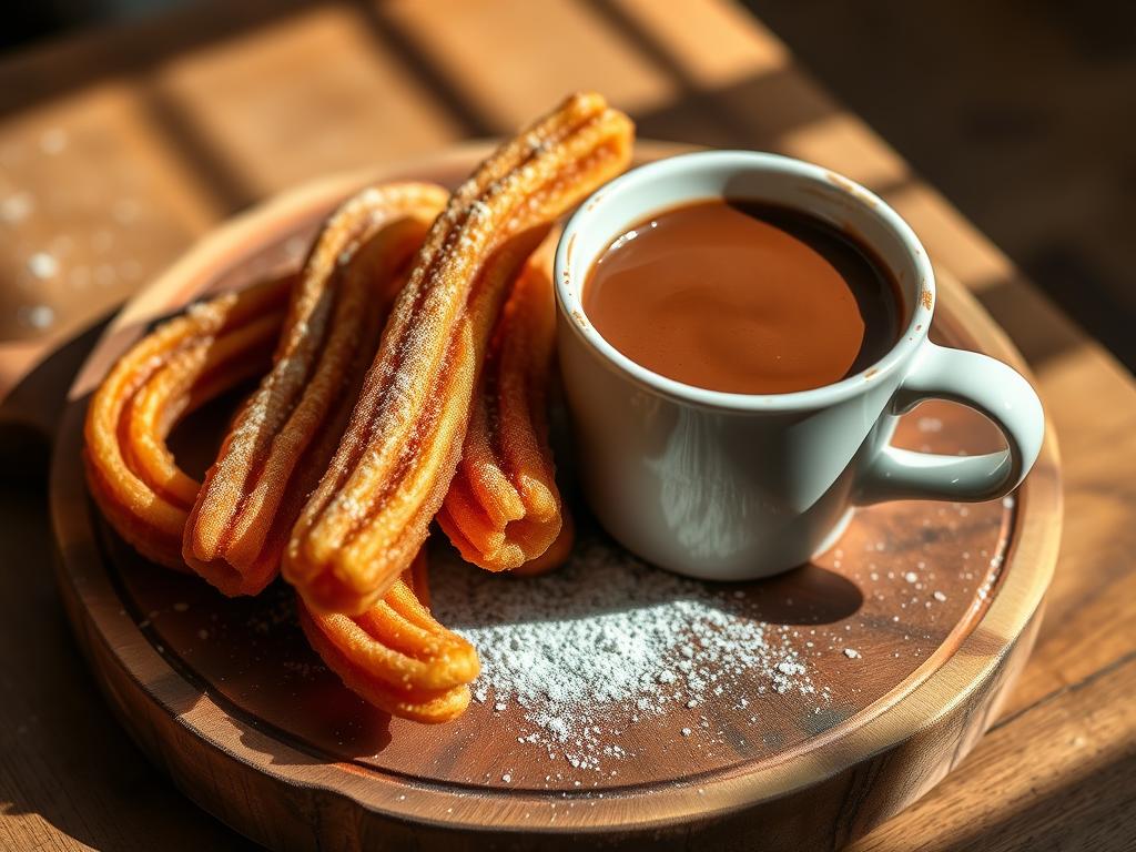 A delectable scene of a classic Spanish breakfast: crisp, golden-brown churros dusted with cinnamon, served alongside a rich, velvety cup of thick hot chocolate. The churros are arranged artfully on a rustic wooden board, complemented by a scattering of powdered sugar and a small ceramic ramekin filled with the indulgent chocolate dipping sauce. Soft, natural lighting filters in from the side, casting warm shadows and highlights that accentuate the textures and colors. The overall mood is cozy, inviting and quintessentially Spanish, capturing the essence of this beloved morning treat.