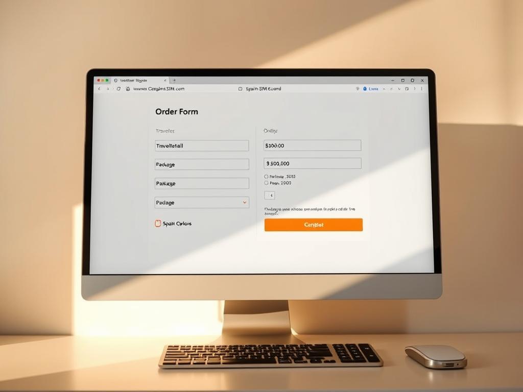 A desktop computer screen displaying an online order form for a Spain SIM card, set against a clean, minimalist backdrop. The form features fields for inputting traveler details, package selection, and payment options. Warm, natural lighting casts a soft glow, creating a welcoming and professional atmosphere. The overall composition emphasizes simplicity and user-friendliness, guiding the viewer through the process of ordering a SIM card prior to a trip to Spain.