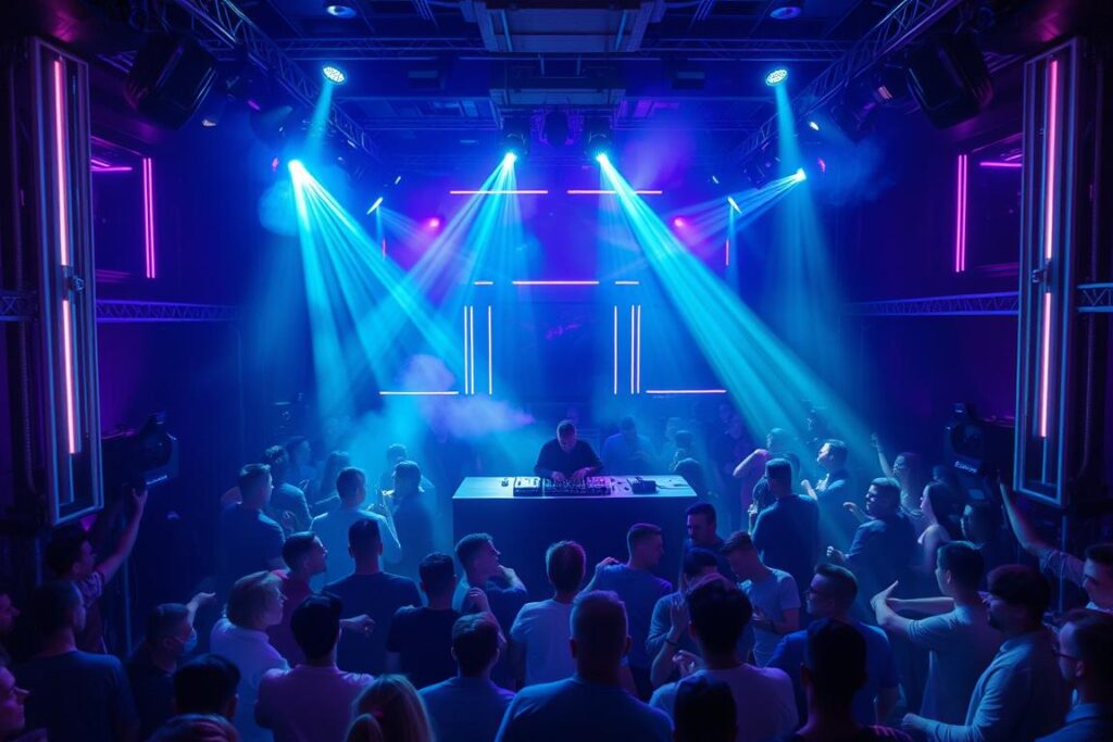 A dimly lit electronic music club in Málaga, Spain in 2025. The dance floor is illuminated by pulsating neon lights, casting a vibrant glow across the crowd of enthusiastic clubgoers. Towering speakers blast electronic beats, creating a palpable energy that reverberates through the space. In the middle ground, a raised stage hosts a skilled DJ, expertly manipulating the turntables and mixing tracks. The background features sleek, modern decor with chrome accents, complementing the high-tech atmosphere. Smoke machines add an ethereal, atmospheric touch, while strategically placed spotlights accentuate the club's dynamic visual elements. An immersive, futuristic scene that captures the essence of Málaga's thriving electronic music scene.