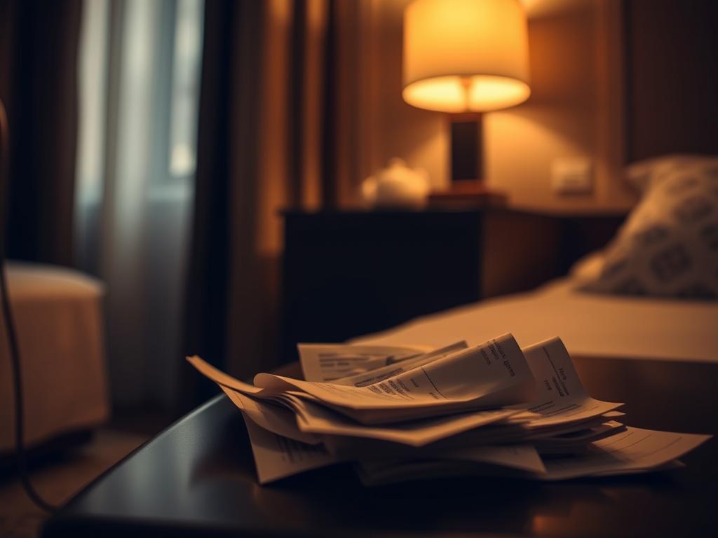 A dimly lit hotel room, the focus on the nightstand. Crumpled receipts, a stack of hidden fees, and a dismayed expression on a traveler's face. Warm, muted tones convey a sense of disappointment and hidden costs. Shallow depth of field, drawing the eye to the details that tell the story. Moody lighting casts shadows, hinting at the unexpected expenses lurking beneath the surface of a budget stay. The scene evokes the frustration of uncovering the true cost of a supposedly affordable hotel in Barcelona.