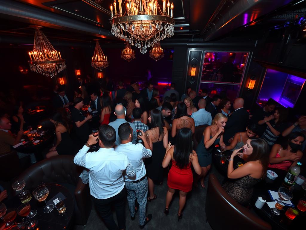A glamorous nightclub in Cádiz, Spain, with VIP tables and bottle service. The interior is dimly lit, creating an intimate and exclusive atmosphere. Elegant guests dressed in chic attire sip cocktails and dance to the pulsing beats of the live DJ. Plush leather couches and low-hanging chandeliers adorn the space, while sleek metal accents and neon lighting add a modern touch. The dance floor is packed with revelers, their movements captured in dramatic chiaroscuro lighting. A sense of energy and excitement permeates the scene, reflecting the vibrant nightlife culture of this coastal city.
