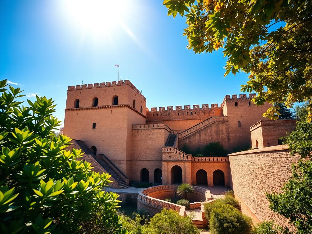 A grand, historic fortress dominates the frame, the Alcazaba of Málaga standing tall against a vibrant azure sky. Sunlight caresses the ancient stone walls, casting warm, golden hues across the intricate Moorish architecture. In the foreground, lush Mediterranean foliage frames the scene, adding a touch of verdant serenity. The middle ground reveals winding pathways and delicate archways, inviting the viewer to explore the centuries-old wonder. A wide-angle lens captures the grandeur of the landmark, showcasing its majestic presence against the backdrop of the city below. This image evokes a sense of timeless, cultural richness, perfectly encapsulating the historic treasures that define Málaga's captivating landmarks.