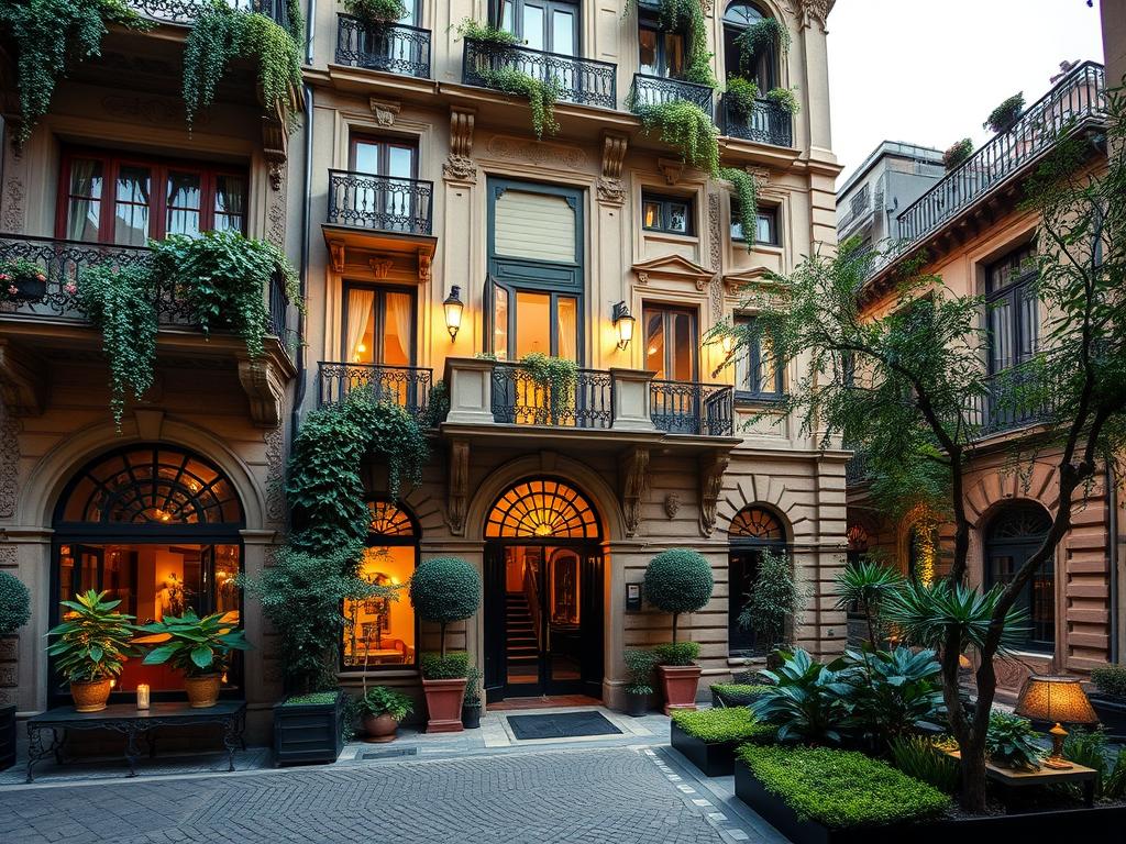 A grand, historic hotel nestled in Barcelona's picturesque Gothic Quarter. The Mercer Hotel stands tall, its elegant façade adorned with ornate Gothic architecture and intricate stone carvings. Lush foliage cascades from wrought-iron balconies, while a tranquil courtyard garden offers a serene oasis in the heart of the city. Warm lighting illuminates the hotel's timeless grandeur, casting a cozy glow across the medieval cobblestones. Guests step through the arched entryway, discovering a harmonious blend of contemporary comforts and ancient, Roman-era ruins within. This boutique haven embodies the alluring elegance and historic charm of Barcelona's most enchanting neighborhood.