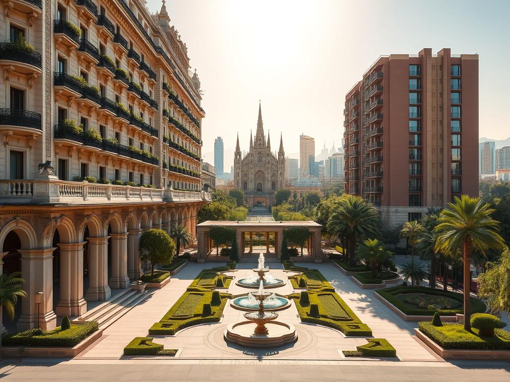 A grand hotel exterior set against the stunning backdrop of Barcelona's iconic skyline. In the foreground, a sprawling facade of ornate, classical architecture with intricate stone carvings and balconies adorned with lush greenery. The main entrance is framed by towering columns and a grand, canopied portico, conveying a sense of luxury and elegance. The middle ground features a meticulously landscaped courtyard with a tranquil fountain and lush, manicured gardens. In the distance, the distinctive silhouettes of Barcelona's historic cathedrals and skyscrapers rise up, bathed in the warm, golden glow of the Mediterranean sun. The overall atmosphere exudes a timeless, sophisticated ambiance, inviting guests to experience the pinnacle of opulent hospitality.