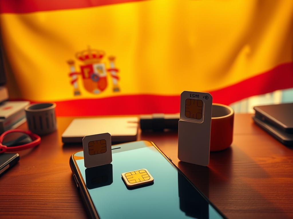 A high-angle, wide-angle shot of a digital nomad's workspace, showcasing a direct comparison between a physical SIM card and an eSIM on a smartphone against the backdrop of the Spanish flag. The scene is bathed in warm, golden lighting, creating a cozy, productive atmosphere. In the foreground, the physical SIM and eSIM are prominently displayed, allowing for a clear side-by-side evaluation. The middle ground features the smartphone, showcasing the seamless integration of the eSIM technology. The background depicts a scenic Spanish cityscape, emphasizing the global connectivity and mobility that eSIM technology enables for digital nomads in Spain.