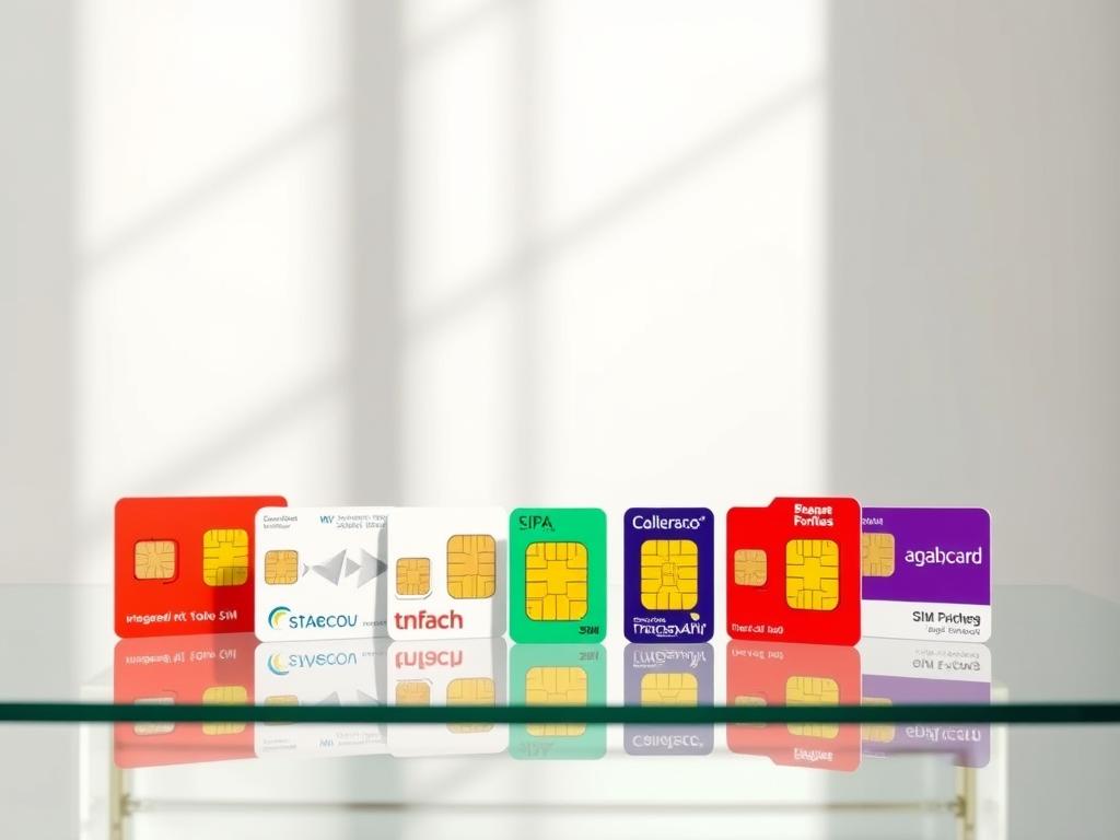 A high-quality illustration of the "Best SIM Card for Traveling in Spain: Top Options for 2025". A pristine glass table in a well-lit studio setting, with neatly arranged SIM cards from various providers showcased against a clean, minimalist background. The SIM cards are displayed in an organized fashion, highlighting their distinctive designs and features. Soft, diffused lighting casts an elegant, professional ambiance, accentuating the products' details. The composition emphasizes the cards' size, shape, and material properties, inviting the viewer to closely examine the options available for the Spanish travel market.
