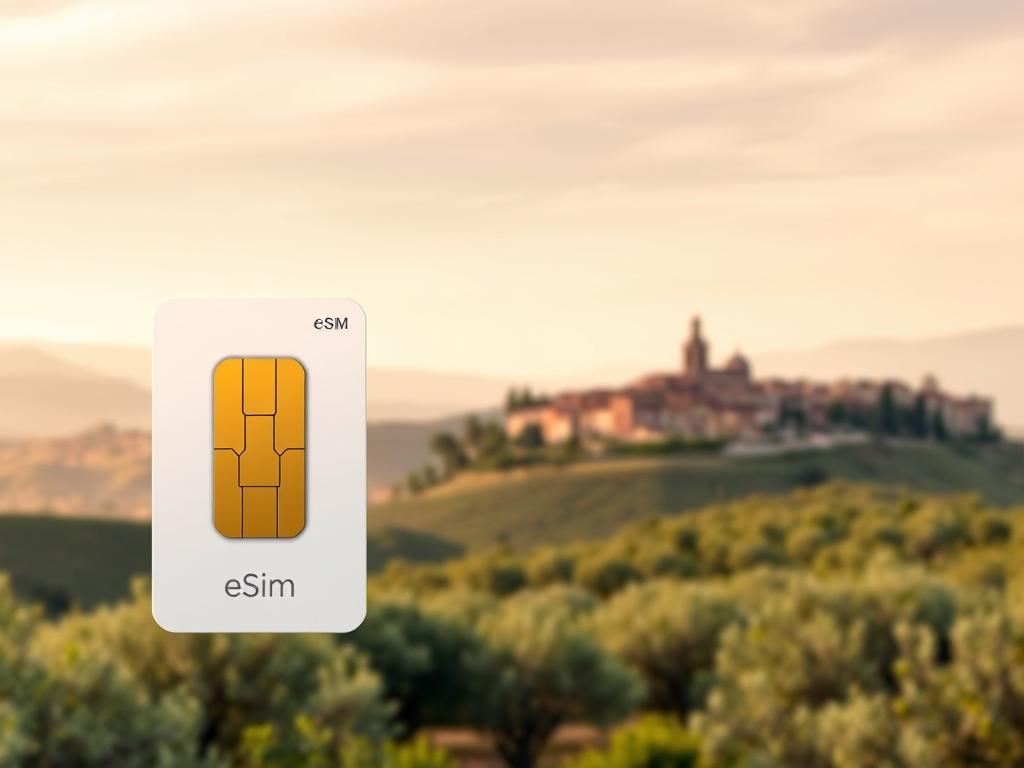 A high-resolution digital illustration of an eSIM card for international travel in Spain. The eSIM is displayed prominently in the foreground, with a soft focus, warm lighting highlighting its details. In the middle ground, a scenic Spanish landscape unfolds, featuring rolling hills, olive groves, and a historic town in the distance. The background is a hazy, atmospheric sky with muted tones, creating a sense of tranquility and adventure. The overall composition conveys the convenience and utility of using an eSIM for seamless connectivity while exploring the beauty of Spain.