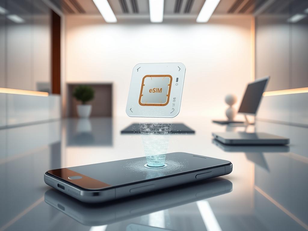 A highly detailed, photorealistic image of an eSIM technology showcased in a sleek, modern setting. The foreground displays an open smartphone with its screen depicting a digital eSIM icon, surrounded by shimmering, holographic eSIM data streams. The middle ground features a transparent, floating eSIM card, its embedded chip and circuitry visible. The background showcases a minimalist, futuristic workspace with clean lines, metallic accents, and soft, diffused lighting, creating a sophisticated, technology-driven atmosphere.