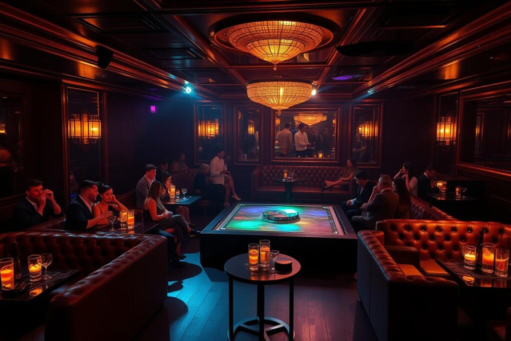 A lavish Málaga nightclub's VIP area, illuminated by a warm, ambient glow. Plush leather couches and tables surround a centralized dance floor, where a handful of well-dressed patrons sip expertly-crafted cocktails. Soft, pulsing music fills the air, complemented by strategically-placed lighting fixtures that cast a moody, sophisticated atmosphere. The scene exudes an air of exclusivity and luxury, hinting at the strict door policies and coveted VIP access that separate this space from the bustling main club. Elegant decor, including metallic accents and luxurious fabrics, creates a sense of refined indulgence, inviting the viewer to imagine the energy and energy of this elite Málaga nightlife experience.