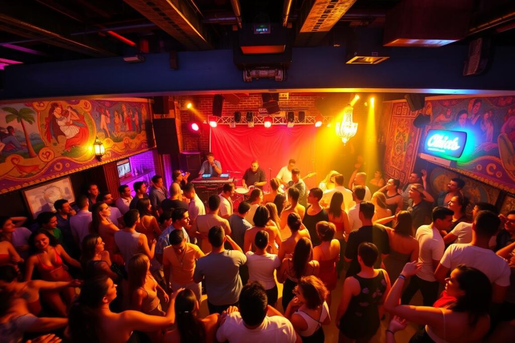 A lively Latin nightclub in Málaga, Spain, with vibrant colors and energetic dancers. The foreground features a crowded dance floor, with people moving to the rhythmic beats of salsa, merengue, and reggaeton music. The middle ground showcases a stage with a live band or DJ, their instruments and equipment bathed in a warm, golden lighting. In the background, the club's interior is adorned with vibrant murals, tapestries, and neon accents, creating an immersive, energetic atmosphere. The scene is captured with a wide-angle lens, highlighting the depth and scale of the venue, while the camera angle is slightly elevated, providing an engaging, bird's-eye view of the lively proceedings.