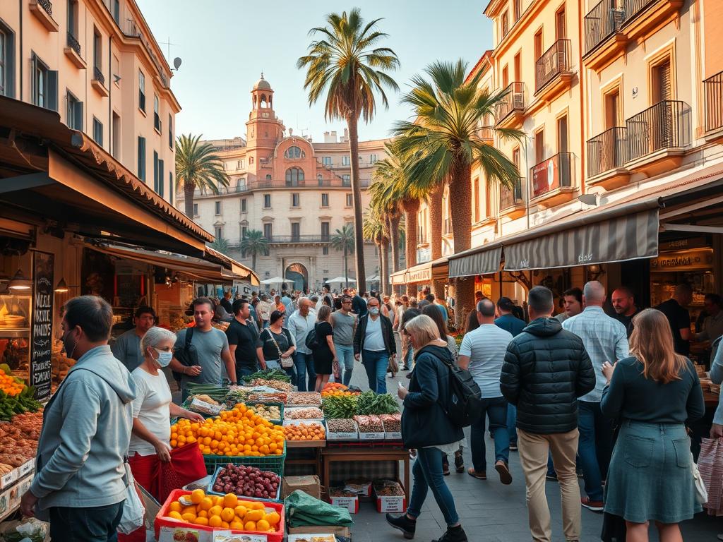 A lively market square in Málaga, Spain, bathed in warm, golden light. In the foreground, vendors offer an array of fresh produce, from vibrant produce to fragrant spices. Locals and tourists mingle, sampling delectable street food delicacies - sizzling skewers, savory pastries, and juicy citrus fruits. The middle ground features cozy cafes and family-run eateries, their charming facades beckoning passersby. In the background, historic buildings and palm trees create a picturesque Mediterranean backdrop, capturing the essence of affordable, authentic Málaga cuisine.