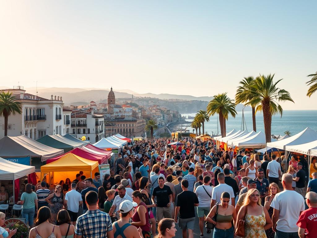 A lively outdoor festival in the vibrant city of Málaga, Spain. In the foreground, a bustling crowd of people enjoying live music, local cuisine, and artisanal crafts. Colorful tents and booths line the streets, creating a festive atmosphere. In the middle ground, historic buildings and landmarks serve as a picturesque backdrop, bathed in warm, golden sunlight. The background features the stunning Mediterranean coastline, with palm trees swaying gently in the breeze. The scene exudes a carefree, celebratory vibe, capturing the essence of Málaga's thriving free cultural events and festivals.